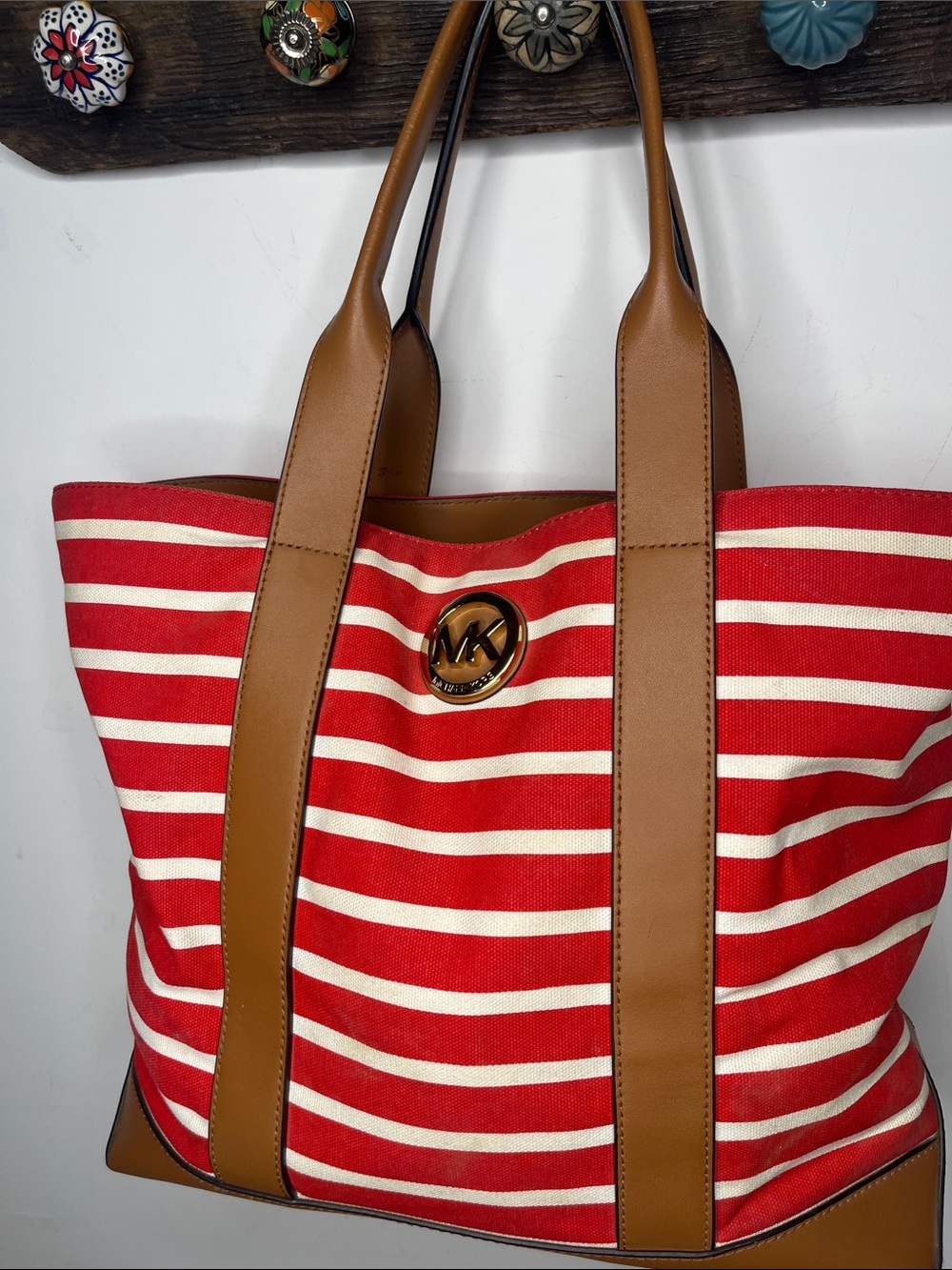 Michael Kors Fulton Tote Red White Stripes Gold Logo Leather Straps
